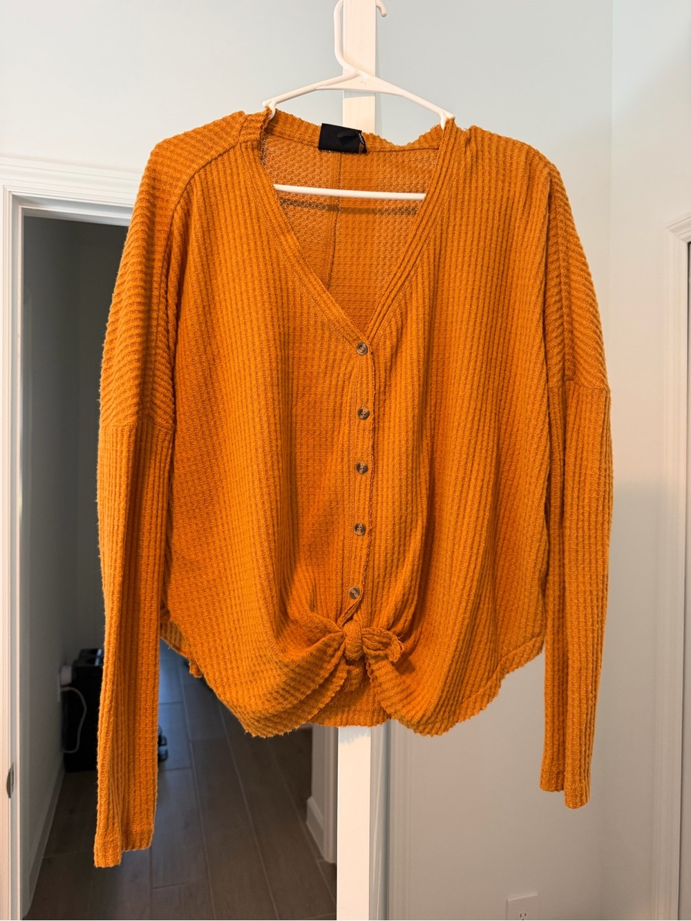 Urban Outfitters Mustard Waffle Knit Button-Front Tie-Hem Top